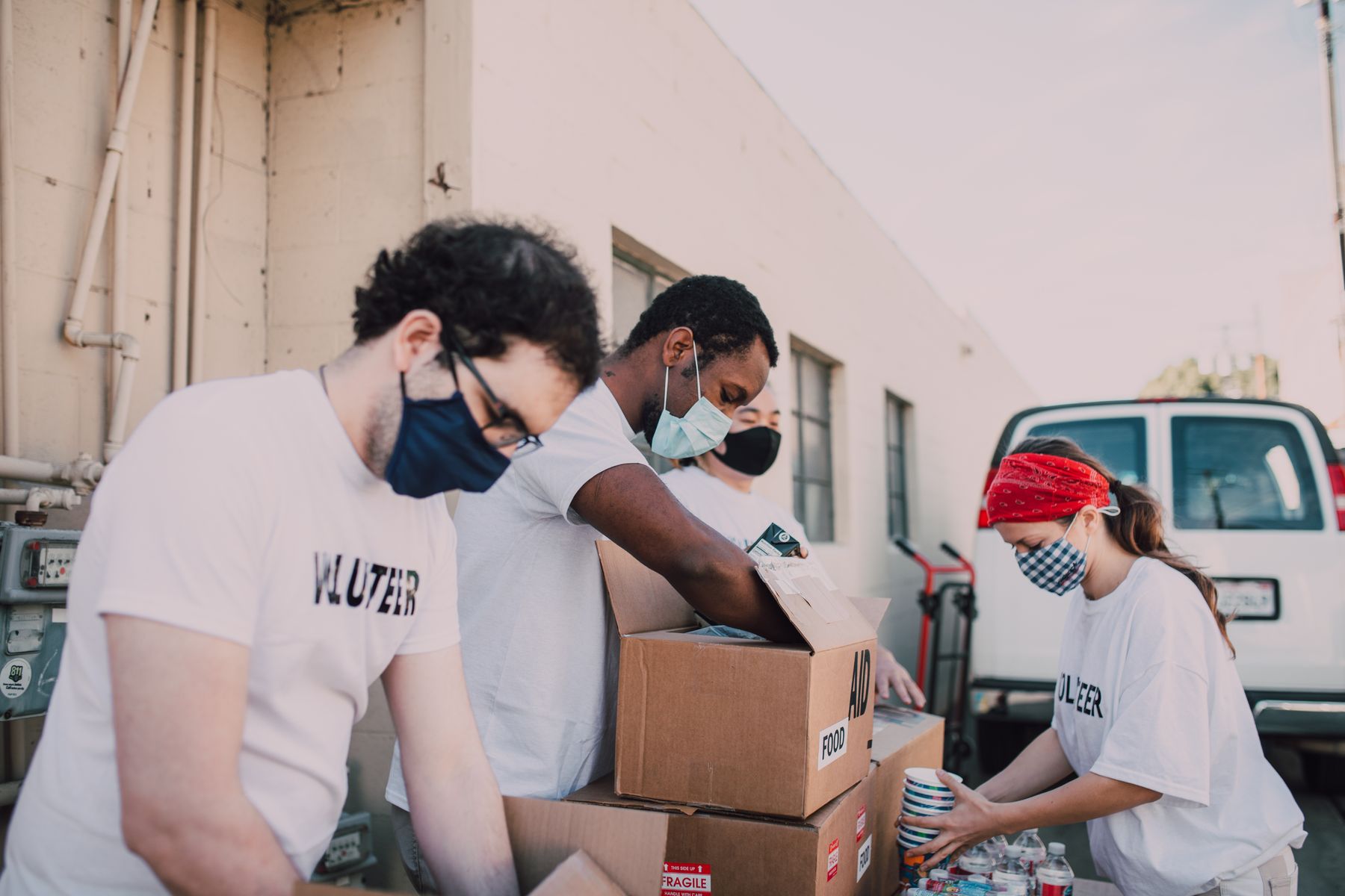Volunteers preparing supplies for a community support program